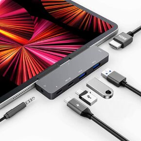 iPad Pro USB C Hub Adapter for iPad Pro 12.9 11 M2 M1,7-in-1 Hub with 4K@60Hz HDMI,3.5mm Jack,USB3.0,PD 60W,SD/TF Card Slot,iPad Air 4/5,iPad Mini 6,iPad Accessories
