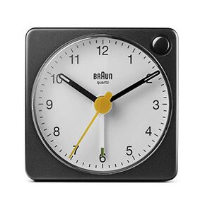 Braun Classic Travel Analogue Alarm Clock with Snooze and Light, Compact Size, Quiet Quartz Movement, Crescendo Beep Alarm in White and Black, Model BC02XWB.