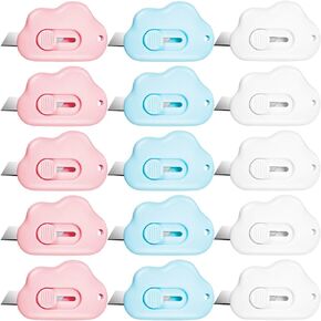 15 Pieces Mini Utility Knives Candy Color Box Cutter Retractable Letter Opener Cloud Envelope Slitter Carton Opener Portable Cute Paper Cutter (Pink, Blue, White)