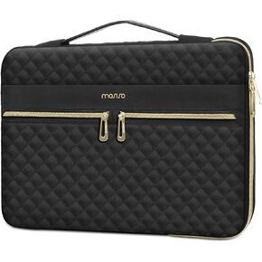 MOSISO 360 Protective Laptop Sleeve Compatible with MacBook Air/Pro, 13-13.3 inch Notebook, Compatible with MacBook Pro 14 inch, Square Quilted Side Open Bag with 3 Pockets&Handle&Belt, Black