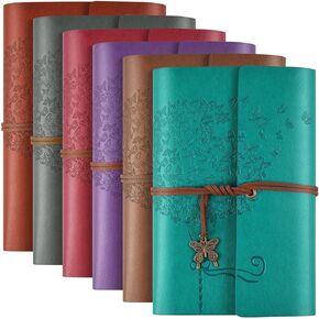 6 Pack PU Leather Notebook Journal, Travel Journal Bulk, Refillable Vintage Journals for Writing, Diary Gifts for Women, Men, Girls, 100GSM Lined Paper, Each 160 Pages & 2 Pockets (A6, 5 x 7 inches)
