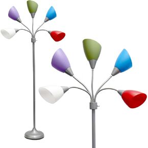 Simple Designs LF2006-SLM 67" Contemporary Multi Head Medusa 5 Light Adjustable Gooseneck Silver Floor Lamp with Fun Light Multicolored Shades for Kids Bedroom Playroom Living Room Office
