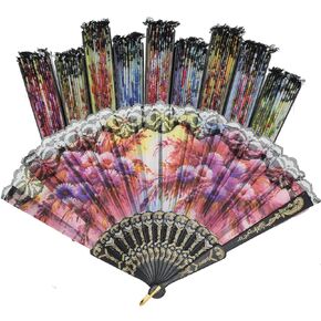 10 Pack Vintage Spanish Floral Folding Hand Fan Sequin Fabric Folding Handheld Hand Fan, Random Color