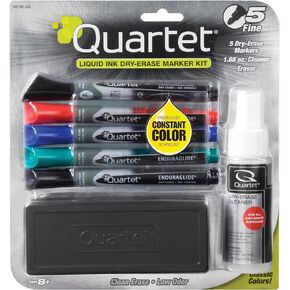 Quartet Dry Erase Markers Accessory Kit, Includes 5 Fine Tip EnduraGlide Dry Erase Pens, Whiteboard Eraser, & White Board Cleaning Spray Bottle, for Teachers, Home School & Office Supplies (5001M-5SK)