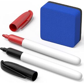 Dry Erase Eraser & Markers (Red & Black) - Non Magnetic Small White Board Eraser - Dry Erase Markers with Eraser - Mini Eraser for Whiteboard Dry Erase Pockets Lapboards Job Ticket Holders