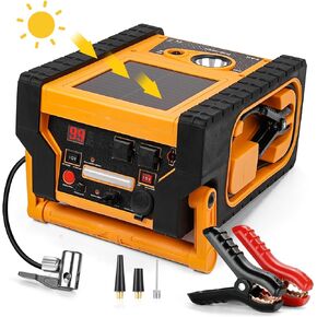 2000Amp Car Battery Jump Starter with Solar Portable Power Station, Air Compressor 260PSI Tire Inflator, 12V Jumper Box with Inverter Dual 400W AC DC USB Ports, Battery Pack Car Battery Booster