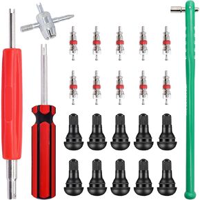 24PCS Tire Valve Stem Puller Installer Tool Kit - 10PCS Valve Cores,10PCS TR412 Tire Valve Stem,4-Way Valve Tool,Single and Dual Heads Valve Core Remover Tire Repair Tool