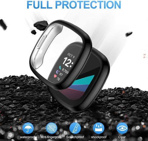 حافظة HANKN مكونة من قطعتين متوافقة مع واقي شاشة Fitbit Versa 2، غطاء حماية كامل من مادة TPU الناعمة وإطار Versa 2 Smartwatch (أسود + أسود) in Saudi Arabia