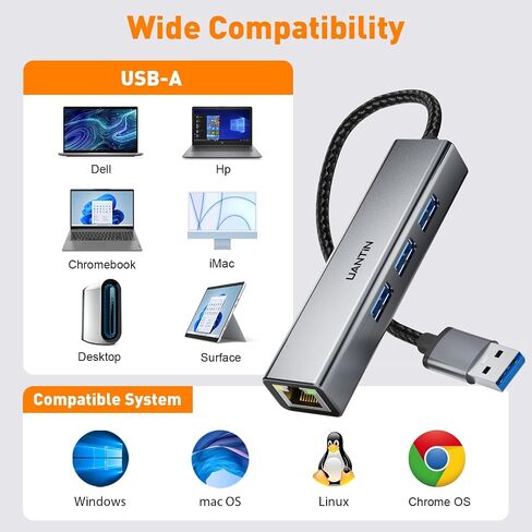 محول USB 3.0 إلى إيثرنت جيجابت | محور USB-A 3.0 ذو 3 منافذ مع محول 10/100/1000 RJ45، محول شبكة USBA إلى LAN من الألومنيوم 4 في 1 لأجهزة Surface Pro وChromebook وDell والكمبيوتر المحمول in Saudi Arabia