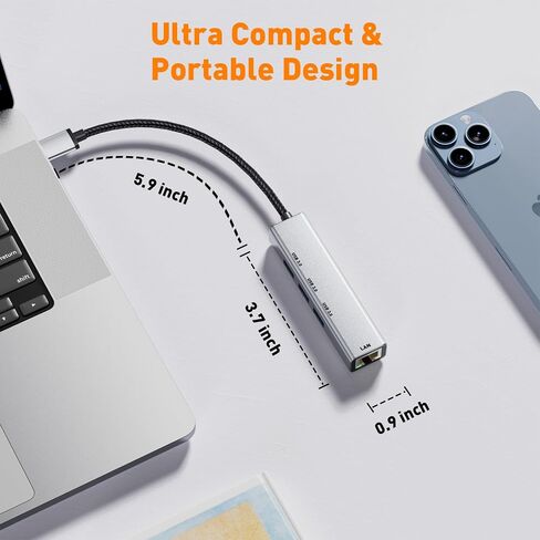 محول USB 3.0 إلى إيثرنت جيجابت | محور USB-A 3.0 ذو 3 منافذ مع محول 10/100/1000 RJ45، محول شبكة USBA إلى LAN من الألومنيوم 4 في 1 لأجهزة Surface Pro وChromebook وDell والكمبيوتر المحمول in Saudi Arabia