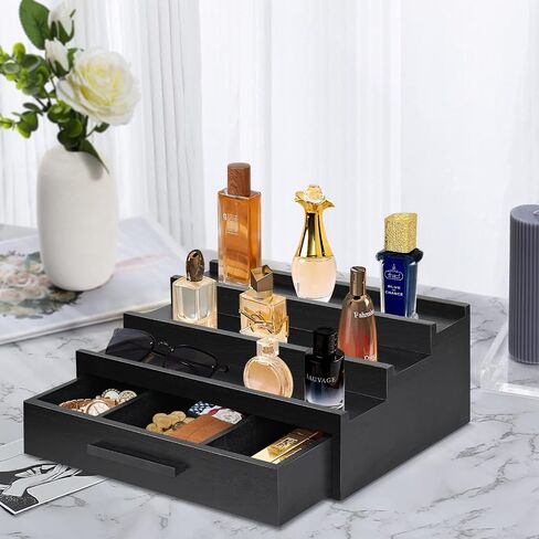 3-Tier Cologne Organizer for Men, Wood Perfume Organizer with Drawer, Cologne Stand Organizer for Organizing and Storage, Perfume Holder for Mens Room Decor, Perfume Display Shelf, Gift for Men Women in Saudi Arabia