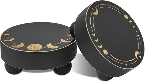 Y&ME YM Wood Riser لعرض مجموعة ديكور من 2، حامل قاعدة المزرعة لديكور صينية متدرجة وديكور منزلي ريفي، صينية زخرفية مستديرة على شكل مرحلة القمر، مقعد نباتي من الخشب الأسود للحمام in Kuwait