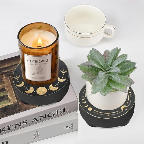 Y&ME YM Wood Riser لعرض مجموعة ديكور من 2، حامل قاعدة المزرعة لديكور صينية متدرجة وديكور منزلي ريفي، صينية زخرفية مستديرة على شكل مرحلة القمر، مقعد نباتي من الخشب الأسود للحمام in Kuwait