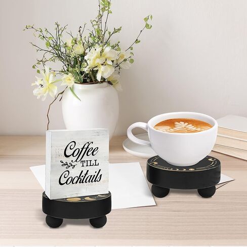 Y&ME YM Wood Riser لعرض مجموعة ديكور من 2، حامل قاعدة المزرعة لديكور صينية متدرجة وديكور منزلي ريفي، صينية زخرفية مستديرة على شكل مرحلة القمر، مقعد نباتي من الخشب الأسود للحمام in Kuwait