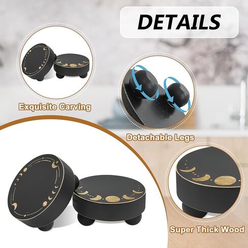 Y&ME YM Wood Riser لعرض مجموعة ديكور من 2، حامل قاعدة المزرعة لديكور صينية متدرجة وديكور منزلي ريفي، صينية زخرفية مستديرة على شكل مرحلة القمر، مقعد نباتي من الخشب الأسود للحمام in Kuwait