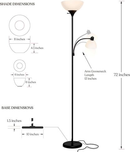 Brightech Sky Dome Plus LED Floor lamp, Torchiere Super Bright Floor Lamp with Reading Lamp for Living Rooms & Offices - Dimmable Tall Standing Lamp for Bedroom Reading - Black in Kuwait