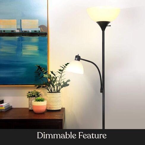 Brightech Sky Dome Plus LED Floor lamp, Torchiere Super Bright Floor Lamp with Reading Lamp for Living Rooms & Offices - Dimmable Tall Standing Lamp for Bedroom Reading - Black in Kuwait
