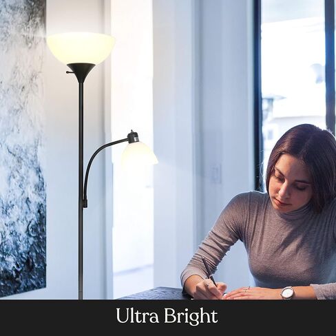 Brightech Sky Dome Plus LED Floor lamp, Torchiere Super Bright Floor Lamp with Reading Lamp for Living Rooms & Offices - Dimmable Tall Standing Lamp for Bedroom Reading - Black in Kuwait