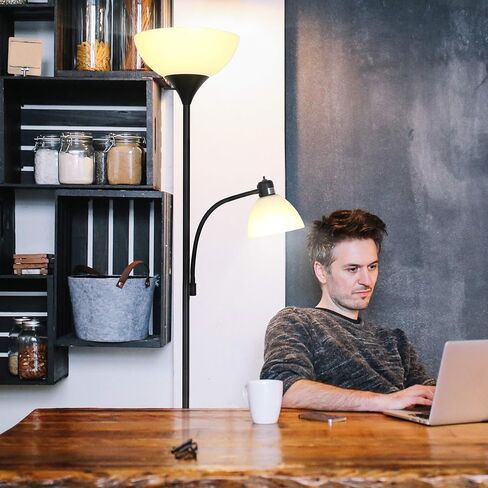 Brightech Sky Dome Plus LED Floor lamp, Torchiere Super Bright Floor Lamp with Reading Lamp for Living Rooms & Offices - Dimmable Tall Standing Lamp for Bedroom Reading - Black in Kuwait