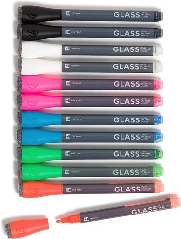U Brands Liquid Glass Board Dry Erase Markers with Erasers, Set of 12, Assorted Colors, Low-Odor, Medium (2 mm) Point in Saudi Arabia