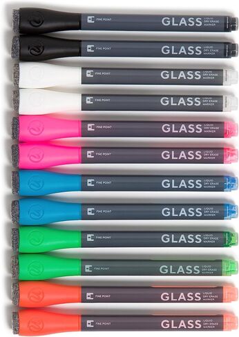 U Brands Liquid Glass Board Dry Erase Markers with Erasers, Set of 12, Assorted Colors, Low-Odor, Medium (2 mm) Point in Saudi Arabia