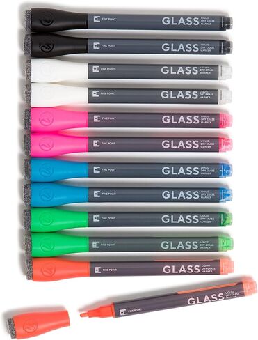 U Brands Liquid Glass Board Dry Erase Markers with Erasers, Set of 12, Assorted Colors, Low-Odor, Medium (2 mm) Point in Saudi Arabia