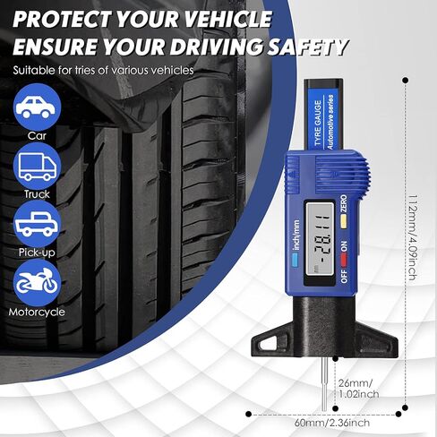 LCD Display Tire Thread Measuring Gauge Digital Tire Depth Gauge Tire Tread Depth Gauge Digital Tread Depth Gauge Blue Tire Wear Gauge Tread Checker with Inch MM Conversion for Motorcycle Car Truck in Saudi Arabia
