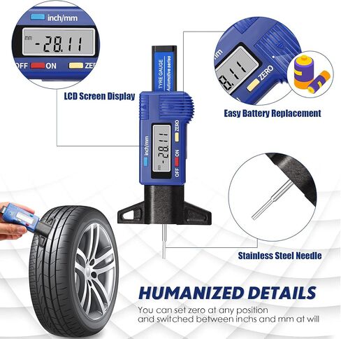 LCD Display Tire Thread Measuring Gauge Digital Tire Depth Gauge Tire Tread Depth Gauge Digital Tread Depth Gauge Blue Tire Wear Gauge Tread Checker with Inch MM Conversion for Motorcycle Car Truck in Saudi Arabia