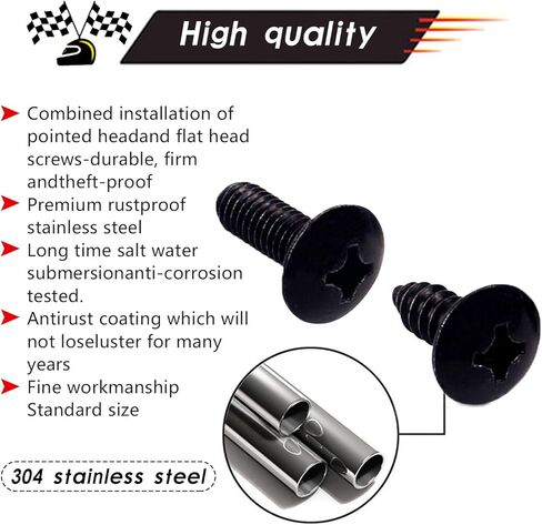 طقم براغي إطار لوحة ترخيص السيارة 8 قطع، M6 304 من الفولاذ المقاوم للصدأ الأمريكي ذو مسامير مسطحة/مدببة، ملحقات تثبيت من النايلون، مناسبة لمعظم الموديلات (أسود) in Kuwait