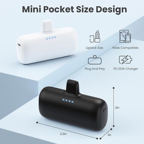[2-Pack] Mini Portable Charger for iPhone,5200mAh Ultra Compact PD Fast Charging Power Bank,Plug-in Battery Pack Travel Cordless Phone Charger,Compatible with iPhone 14/14Pro/13/12/11/X/8/7/6plus etc in Kuwait