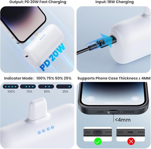 [2-Pack] Mini Portable Charger for iPhone,5200mAh Ultra Compact PD Fast Charging Power Bank,Plug-in Battery Pack Travel Cordless Phone Charger,Compatible with iPhone 14/14Pro/13/12/11/X/8/7/6plus etc in Kuwait