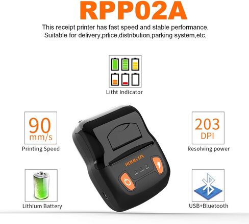 طابعة إيصالات Rongta بلوتوث، طابعة إيصالات حرارية محمولة، طابعة متنقلة صغيرة للأعمال الصغيرة ESC/POS، مطعم، مبيعات، مطبخ، تدعم Android وWindows (58MM-RPP02A) in Kuwait