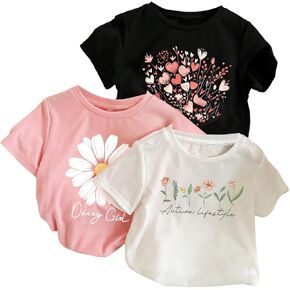 sweatyrocks girl's 3 pack t trts floral letter tees tees Short Sleeve Crew Neck Summer Top