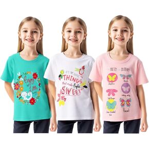 HILEELANG Girl T-Shirts Short Sleeve Graphic Tees Cotton Casual Summer Tops Shirts 3 Packs