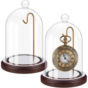 2 Pcs Pocket Watch Glass Display with Hooks Dome Cloche with Wood Base Decorative Dome Showcase for Watch Plants Medals Photos Collectibles Dark MDF Base