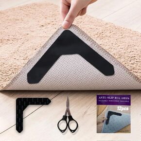 Rug Gripper Slip Rug, Reusable and Washable Double Sided Rug Tape, Strong Adhesive Rug Gripper for Hardwood Floors, Keep Corners Flat, Non Slip for Floor Removable, 12Pcs (Black)