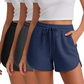Neer 3 Pack Women's Waffle Knit Cotton Blend Drawstring Casual Pajama Lounge Summer Yoga Sweat Shorts with Pockets