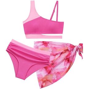 Girls Swimsuit 3 Piece Bathing Suits Bikini Set with Beach Cover Up Skirt Girls' Swimwear 7-14T