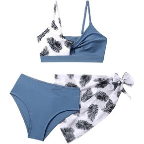 Girls Swimsuit Bathing Suits Twist Cross Tropical Floral Bikini Sets Teen Girls' Swimwear 3Pcs with Cover Up 7-14T