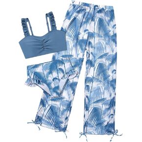 Patgoal Teen Girls 3 Pieces Bikini Bathing Suit with Rash Guard Pants Quick Dry Swimwear Cover-Up Sets Kids Tankini Set 9-16Y