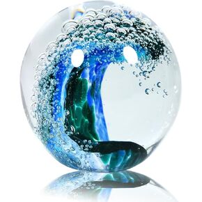 Hand Blown Glass Figurines Ball: Ocean Wave Design Glass Paper Weights, Beach Decorations for Home - Unique Ocean Themed Bathroom Decor and Gift for Ocean Lovers