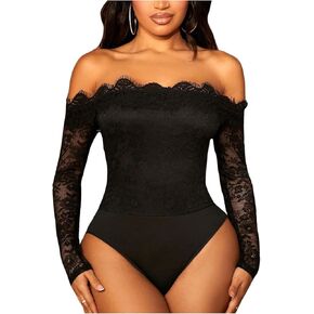 WDIRARA Women's Off Shoulder Floral Lace Bodysuit Mesh Long Sleeve Leotard Top
