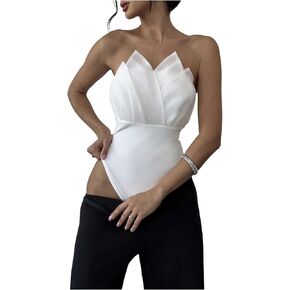 SHENHE Women's Strapless Asymmetrical Mesh Trim Backless Dressy Going Out Tube Bodysuit