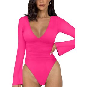 REORIA Women's V Neck Bell Long Sleeve Bodysuits Comfy Double Lined Trendy Body Suits