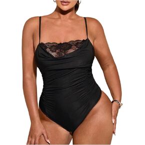 WDIRARA Women's Plus Size Lace Trim Cami Bodysuit Ruched Cowl Neck Sleeveless Body Suits Tops