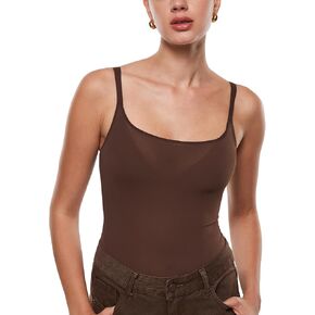 INLYRIC Women's Cosnufy Sheer Mesh Scoop Neck Sleeveless Bodysuit See Through Cami Spaghetti Strap Tank Tops Leotard