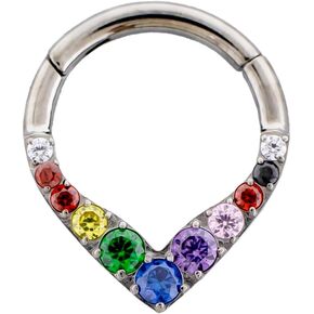 Pierced Owl 16GA ASTM F-136 Implant Grade Titanium Rainbow Gemmed V-Shaped Hinged Segment Clicker Ring