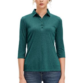 Corna Women's Soft 3/4 Sleeve V Neck Golf Shirt Mositure Wicking Performance Sports Polo Shirt Office Work Tops for Women