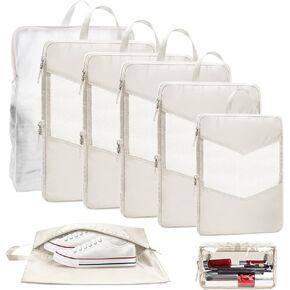 8 Set Compression Packing Cubes for Travel, Accessories for Suitcase Organizer Bags Set, Lightweight Travel Essentials (8-Pack (1XS+1S+1M+2L+1XL+1Shoe Bag+1Laundry bag) Beige