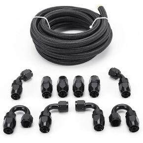 maXpeedingrods 6AN 20FT Fuel Line Kit, 3/8" Gas Oil Line Hose, AN6 Transmission Cooler Lines, CPE Nylon Stainless Steel Braided+ -6AN Push Lock Fitting Hose End 10PCS